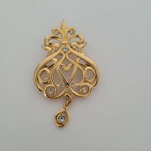 Vintage Verité Gold Tone Brooch Rhinestones Heart Boho Baroque 2" Pendant